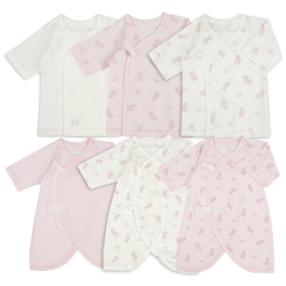 akachan honpo - 長袖新生兒內衣6件組-按扣款 絨毛玩偶圖案-粉紅色 (50~60cm)