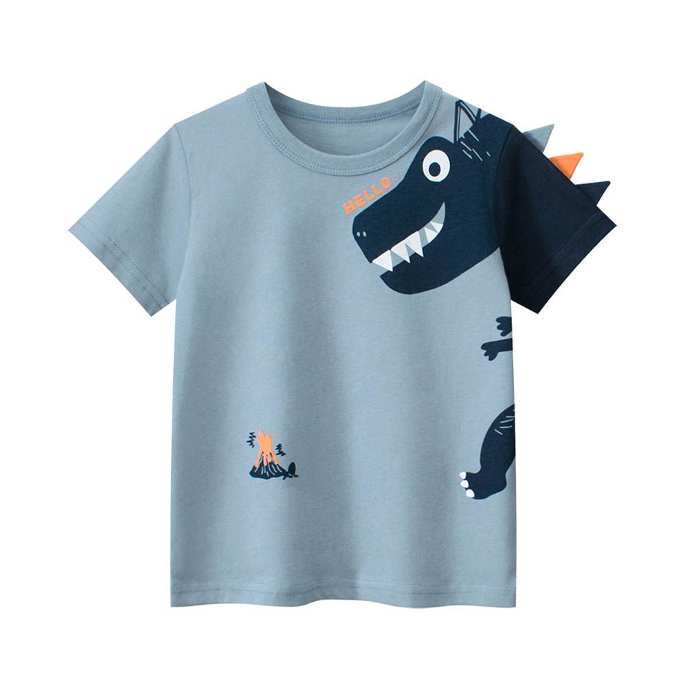 (立體)純棉短袖上衣-HELLO恐龍-藍色