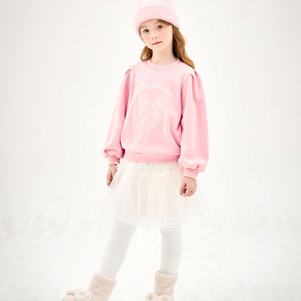 刺繡蝴蝶結內刷毛蓬袖上衣X紗裙內搭褲套裝-粉X白