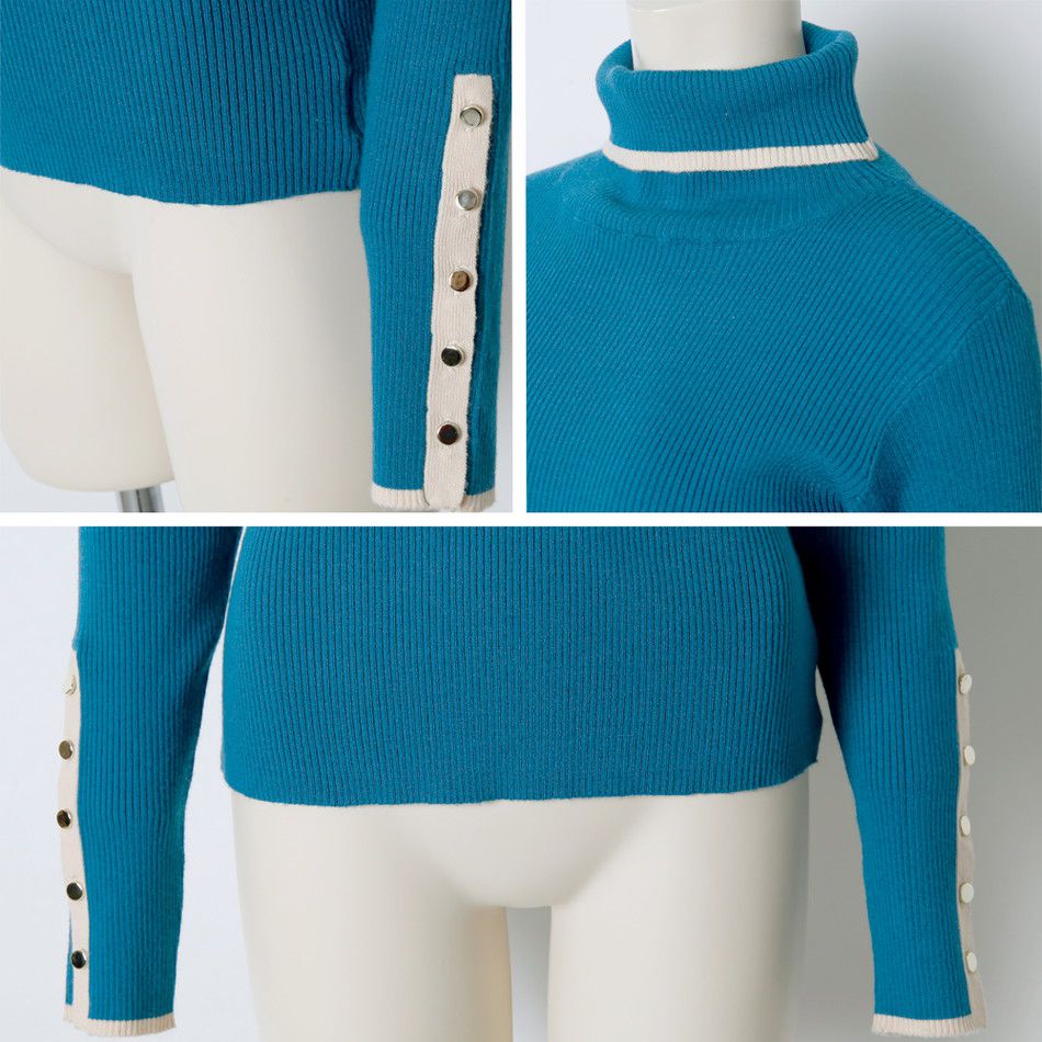 日本 Rejoule - 半高領金釦羅紋針織上衣-杏x黑