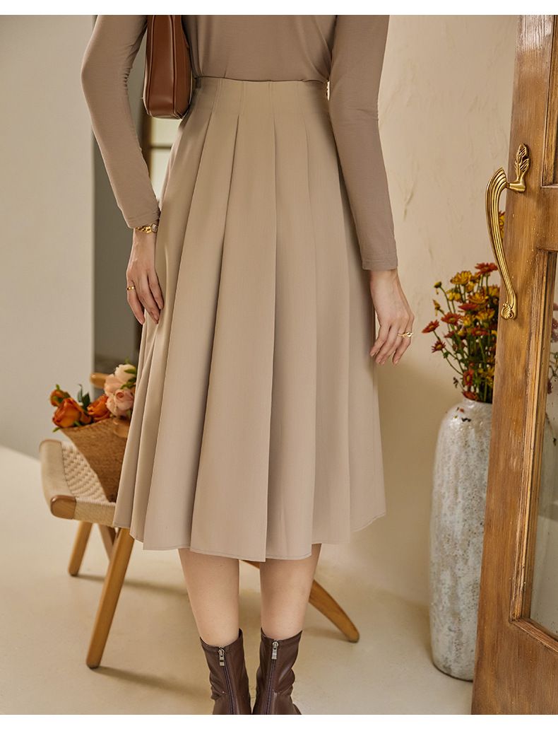 百褶高腰半身裙-杏色