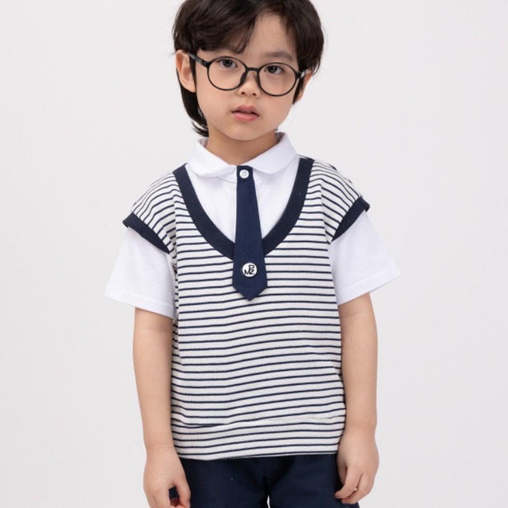 韓國 Coco Bang - 假兩件領帶點綴條紋上衣-黑藍