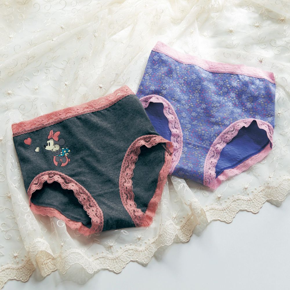 日本千趣會 - 迪士尼純棉蕾絲邊中高腰內褲兩件組(媽媽)-米妮愛心-深灰與花園紫