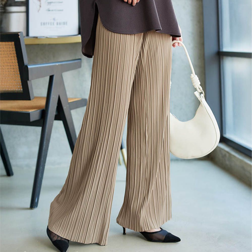 [可剪裁]優美細坑條休閒寬褲-卡其棕