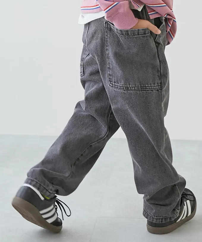 日本 devirock - 復古刷色厚磅大口袋錐形丹寧褲-淺灰藍