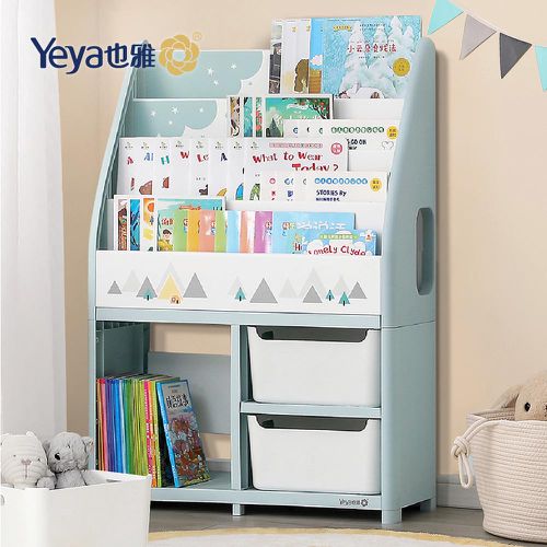 Yeya 也雅 - 萌想樂園兒童玩具繪本分類收納櫃(1大格+2小格+2儲物凳)-DIY-2色可選-月光森林