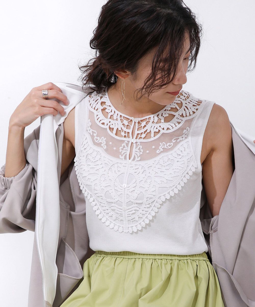 日本 Bab - 蕾絲拼接無袖上衣/大內搭背心-白