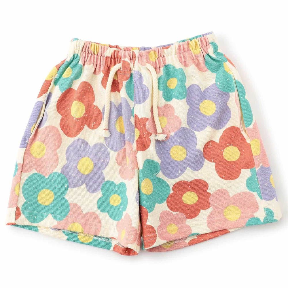 100%純棉 印花休閒短褲-彩色小花-米杏