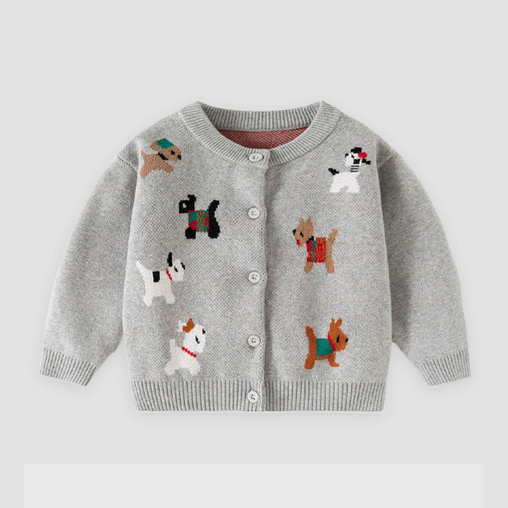 純棉圓領針織排釦外套-歡樂動物-灰色