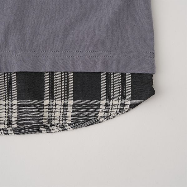 日本 b-ROOM - 假二件寬版大口袋長袖上衣-海軍藍x灰格紋