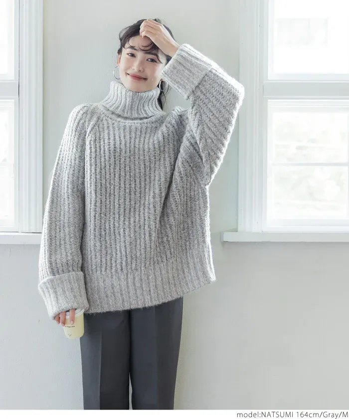 日本 COCA - 份量感高領寬鬆粗編織毛衣-淺灰