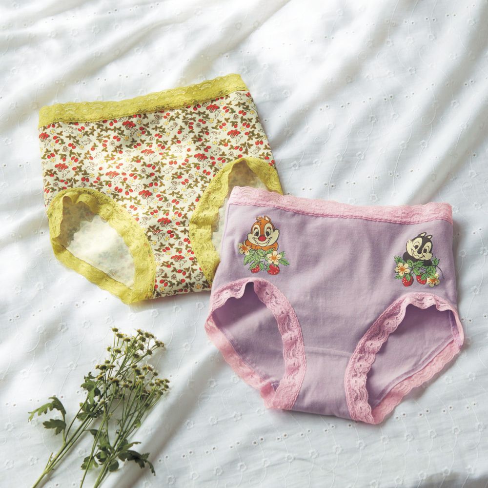 日本千趣會 - 迪士尼純棉蕾絲邊中高腰內褲兩件組(媽媽)-奇奇蒂蒂草莓-粉紫與滿版黃