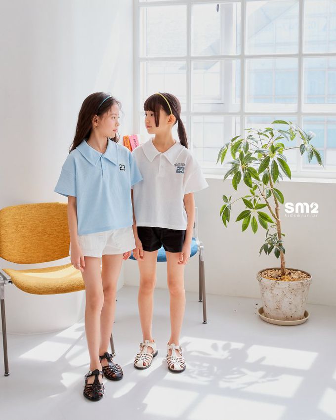 韓國 sm2 - 鬆餅紋數字印翻領短袖上衣-天藍