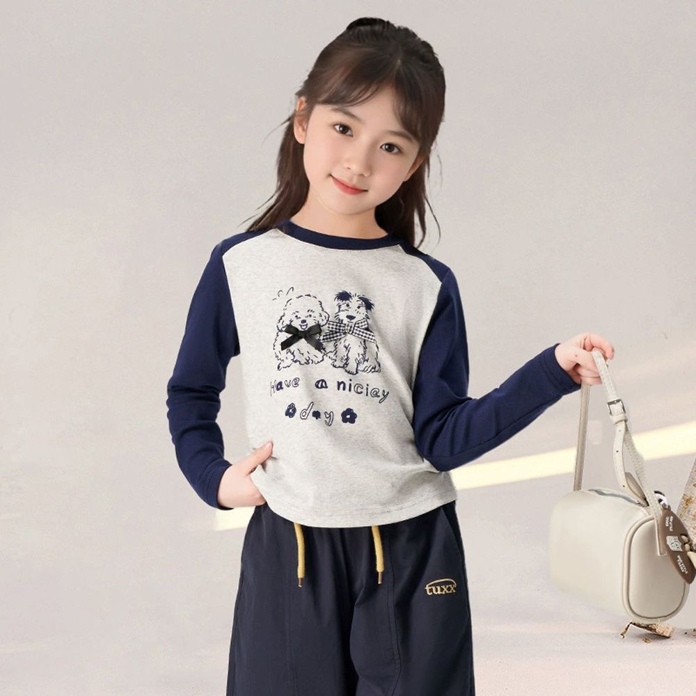 側抓皺撞色長袖上衣-萌趣印花-花灰