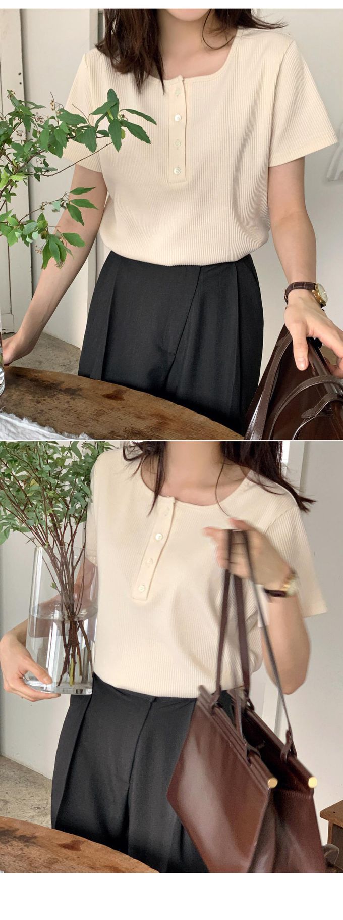 韓國 98doci - 經典直紋鈕扣短袖上衣-米黃