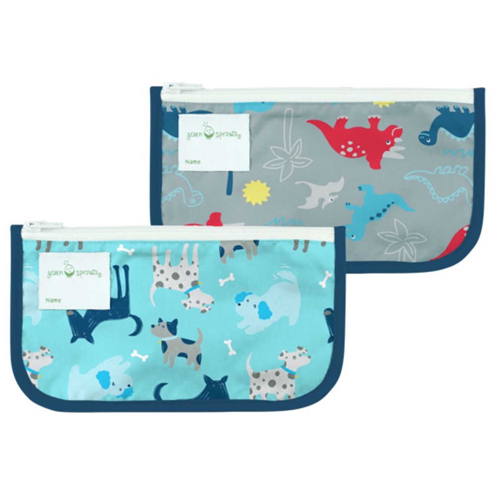 美國 green sprouts - 小綠芽可攜式零食袋、食物袋與小物收納袋(可攜帶固齒器/奶嘴) 兩入組-汪汪與恐龍