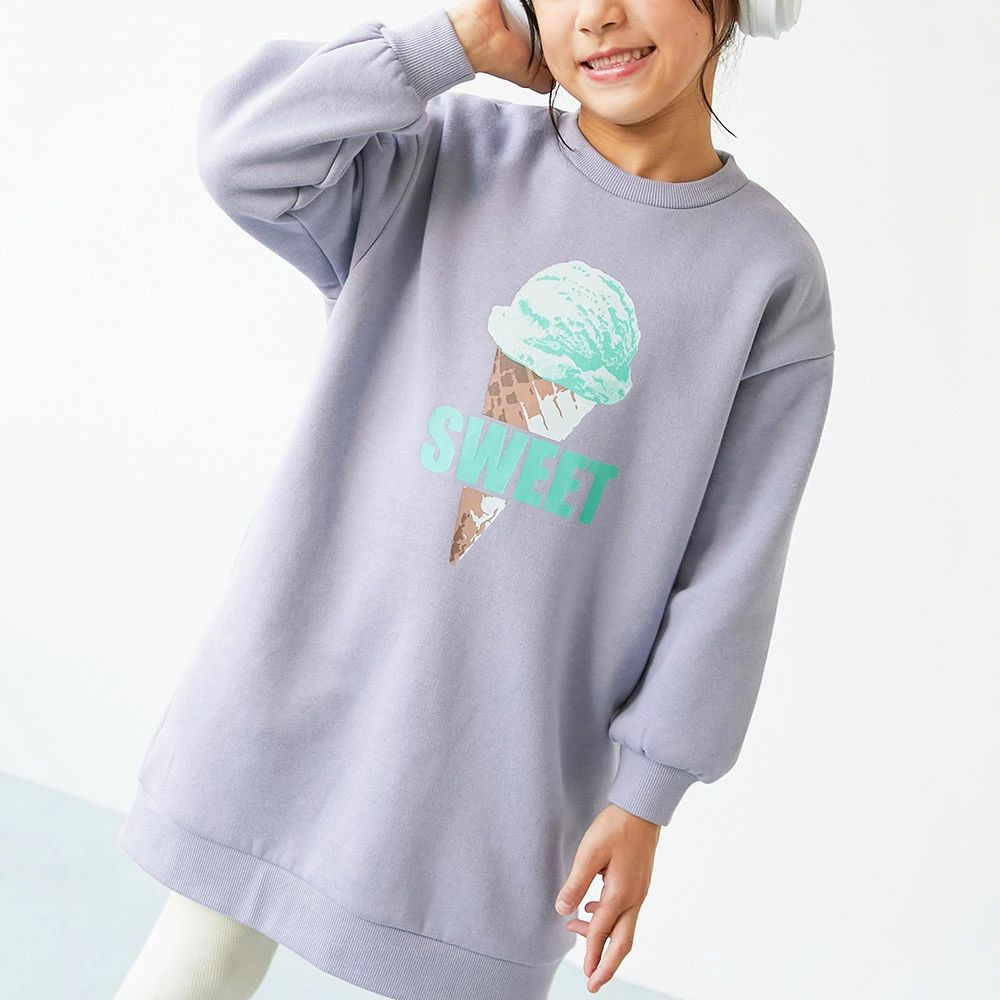 裏起毛落肩印花長袖洋裝-冰淇淋-灰藍