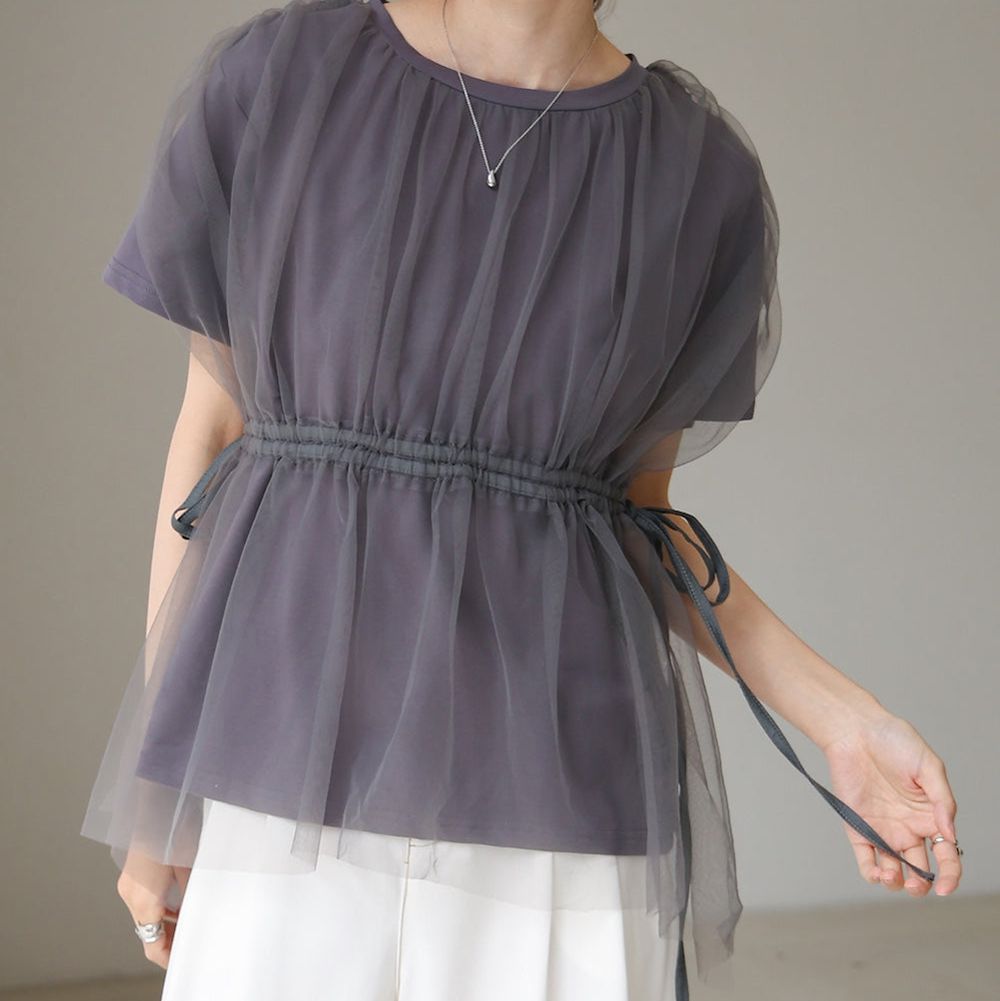 仙氣皺摺薄紗 腰綁帶短袖上衣-炭灰