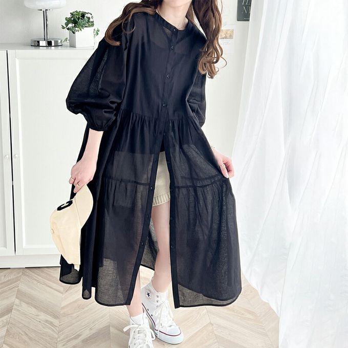 日本 Classical Elf - 2way前後穿 純棉輕透開襟襯衫洋裝-灰棕