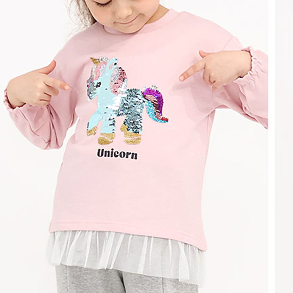 裏起毛 可愛女孩長袖上衣-亮片獨角獸-粉紅