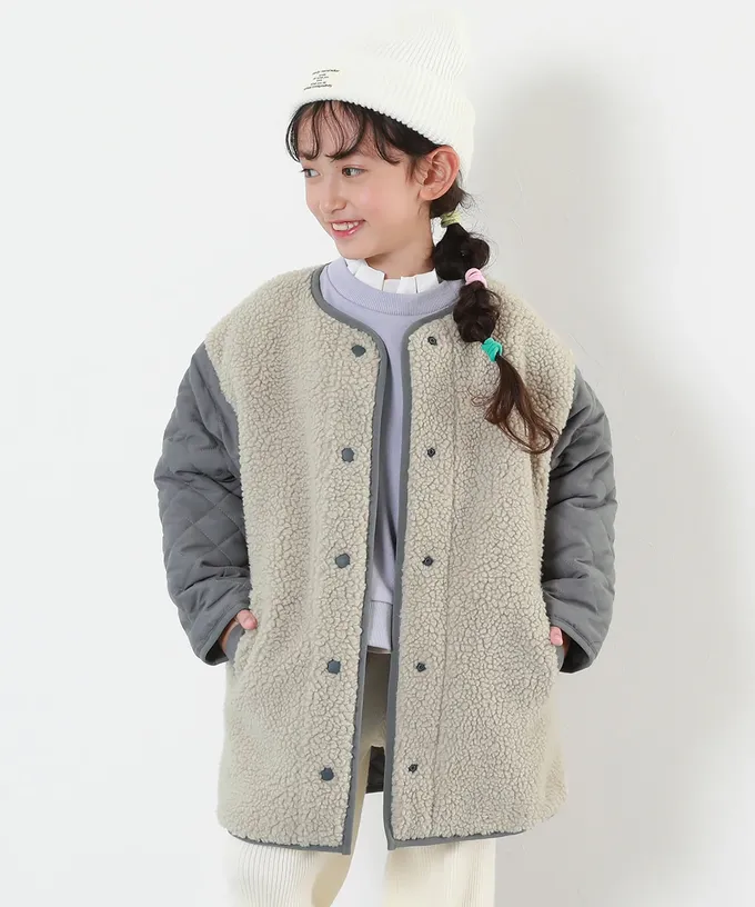 日本 devirock - 雙面穿絎縫無領時尚保暖長外套(可機洗)-卡其