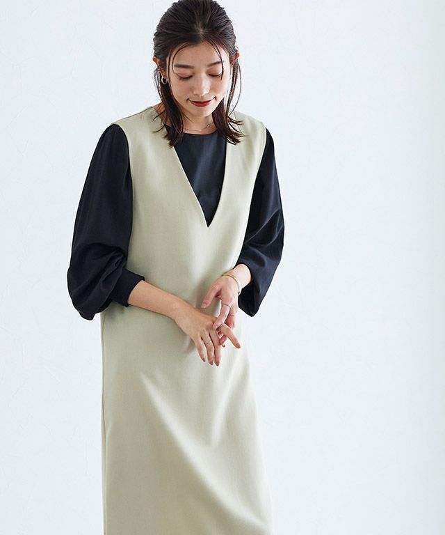 日本 Pierrot - 優雅氣質深V背心裙/洋裝-摩卡