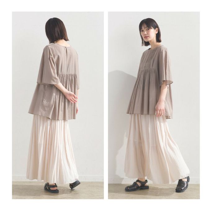 日本 OMNES - 純棉巴里紗柔美皺摺寬袖上衣-灰棕