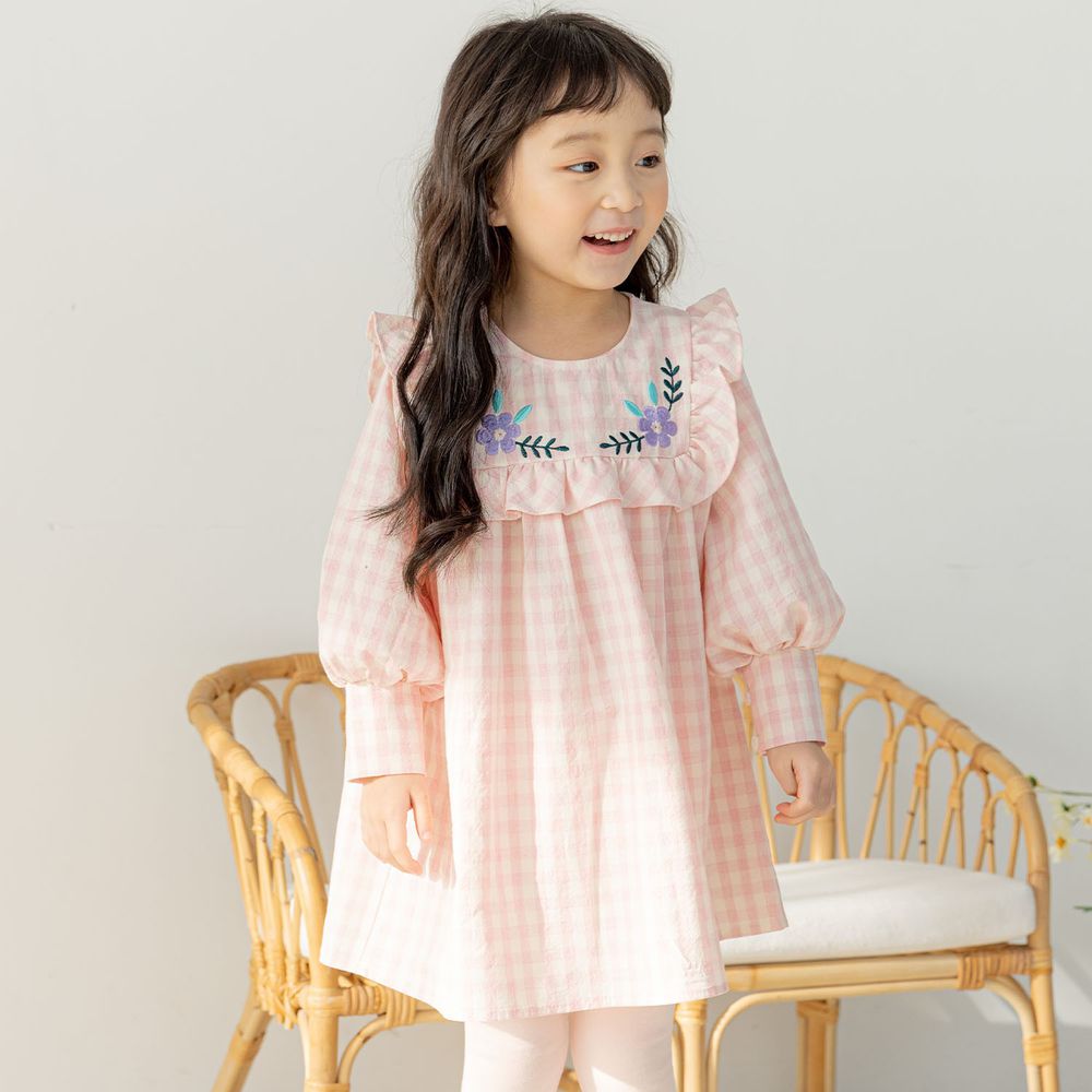韓國 Orange Mom - 刺繡花花方領格子洋裝-粉紅