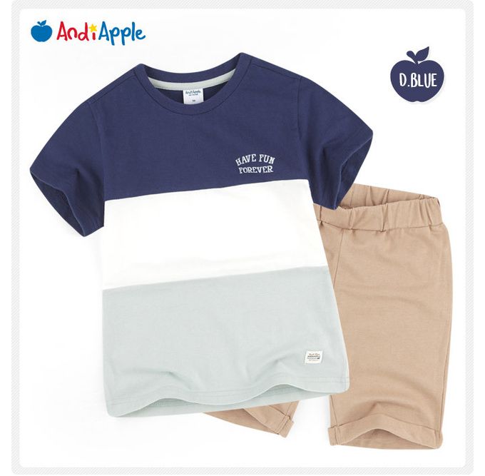 韓國 AndiApple - 文字印色塊拼接短袖套裝-深藍X白X灰綠