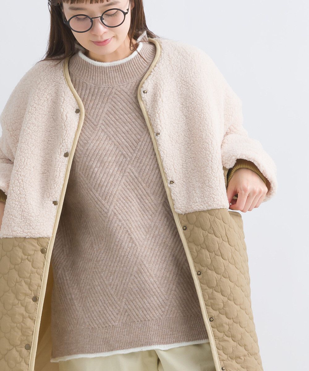 日本女裝代購 - 毛茸雲朵絎縫拼接長版鋪棉外套-軍綠