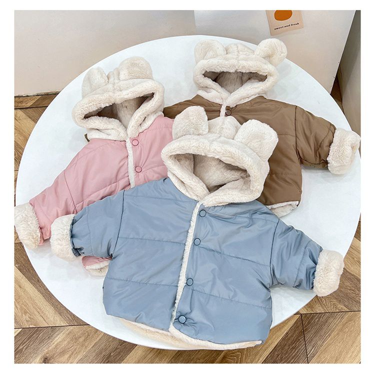 加絨加厚造型連帽鋪棉外套-毛茸茸熊熊-粉色