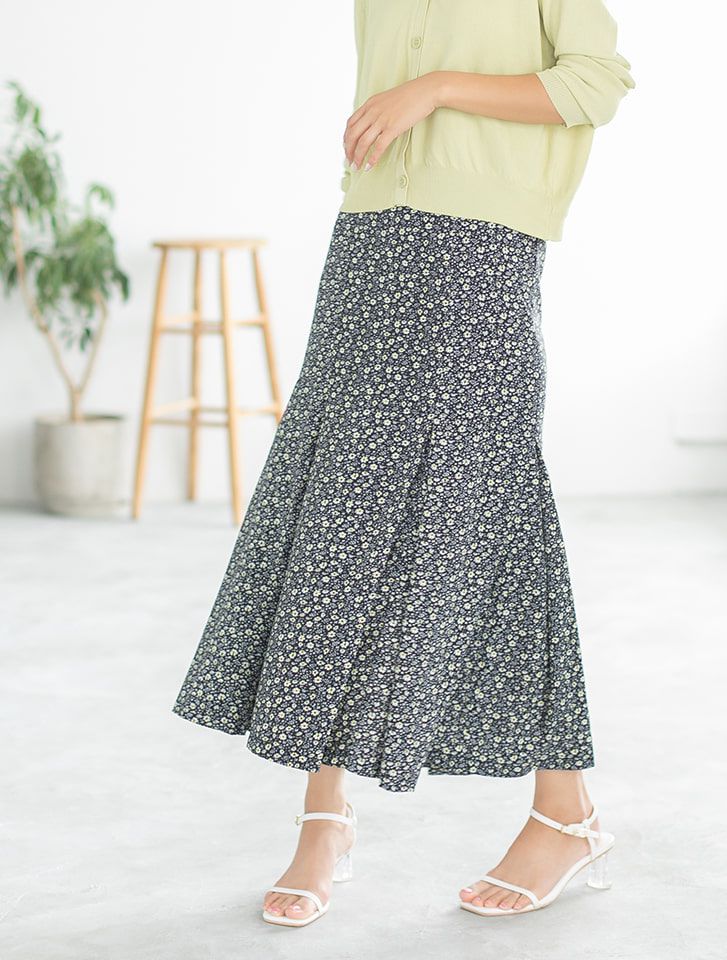 日本 fifth - 小碎花魚尾百褶長裙-綠