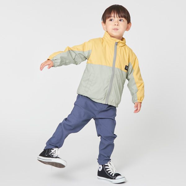 日本 petit main - 拼接雙色連帽輕量防風外套-淺黃x薄荷