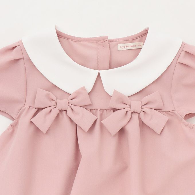 日本 Lycee mine - 優雅正式感圓領胸前緞帶短袖洋裝-粉紅