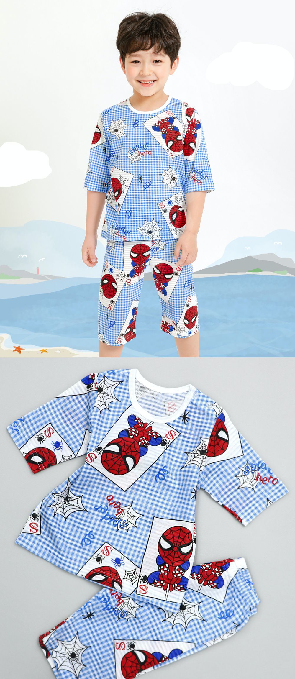 韓國 Mellisse - 韓製輕薄透氣7分袖家居服(無螢光棉)-格子藍