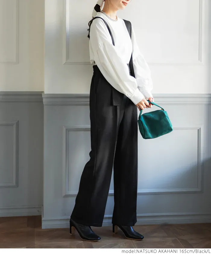 日本 COCA - 文藝復古彈性吊帶褲-大人-黑