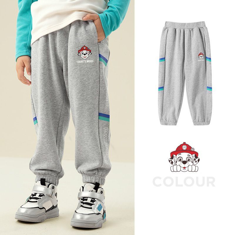 卡通汪汪隊棉質束口運動長褲-卡通人物毛毛+英文字-灰色