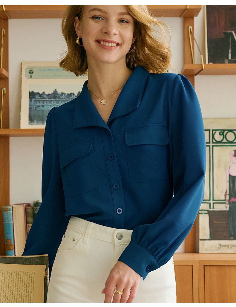 復古棉質口袋長袖襯衫-靛藍色