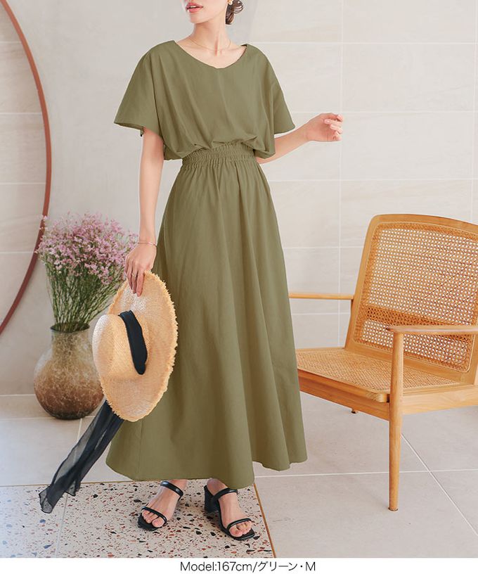 日本 Kobe Lettuce - 亞麻度假感V領修身束腰洋裝-淺卡其 (M)