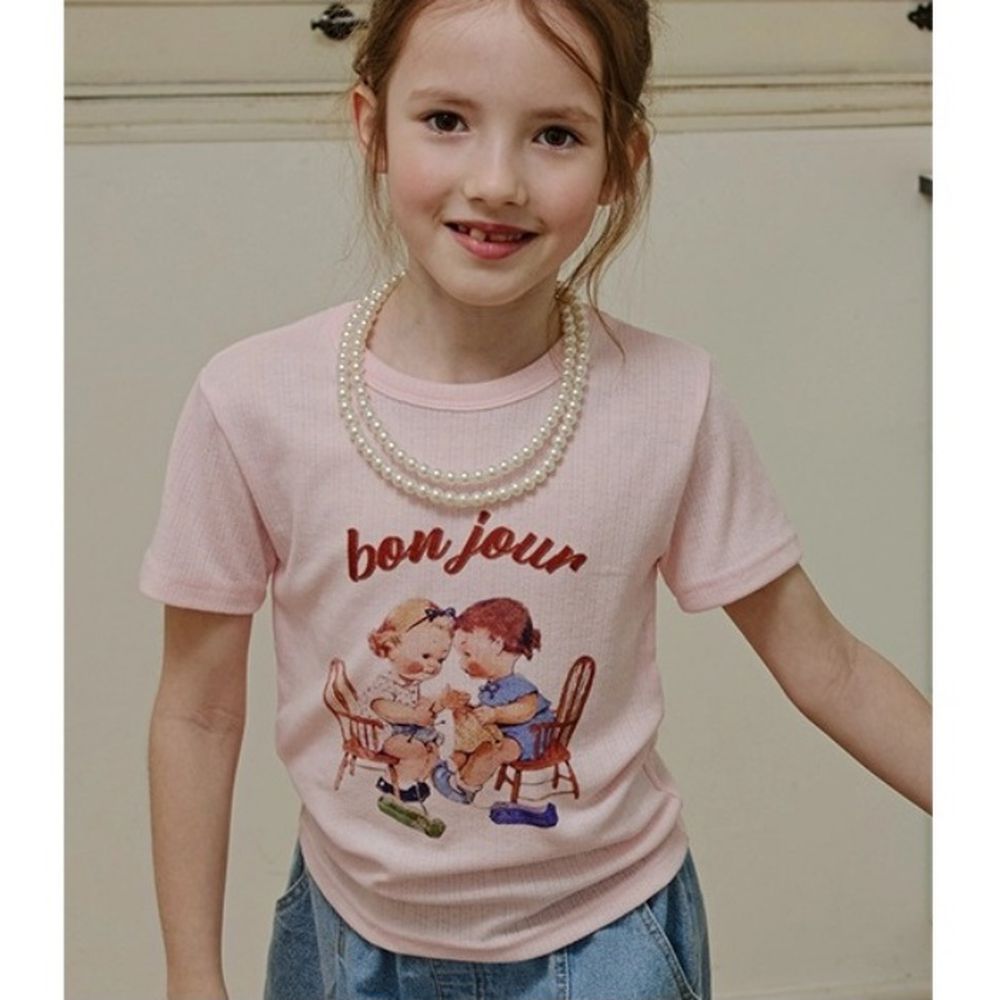 APPLE SMILE 編織娃娃圖案彈性短袖上衣-粉