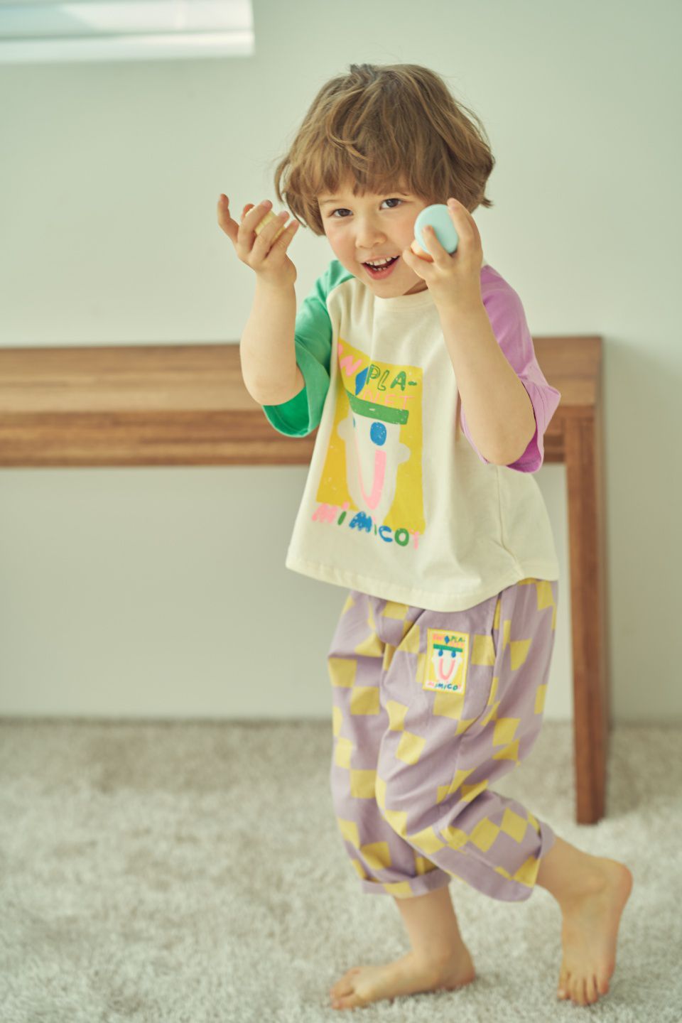 韓國 Mimico - 微笑徽章舒適純棉褲-紫格子