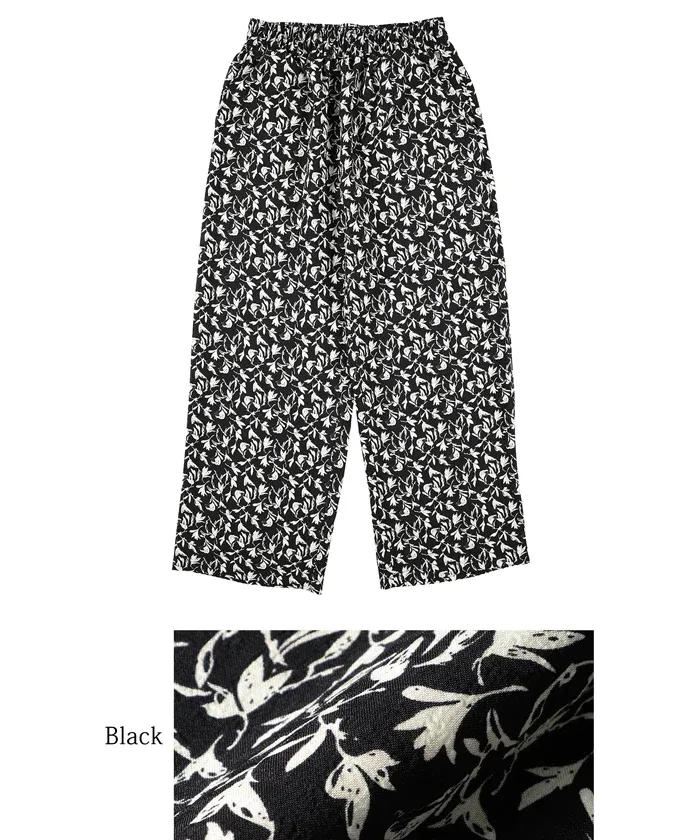 日本 COCA - 透氣印花修身寬褲-百合碎花-黑