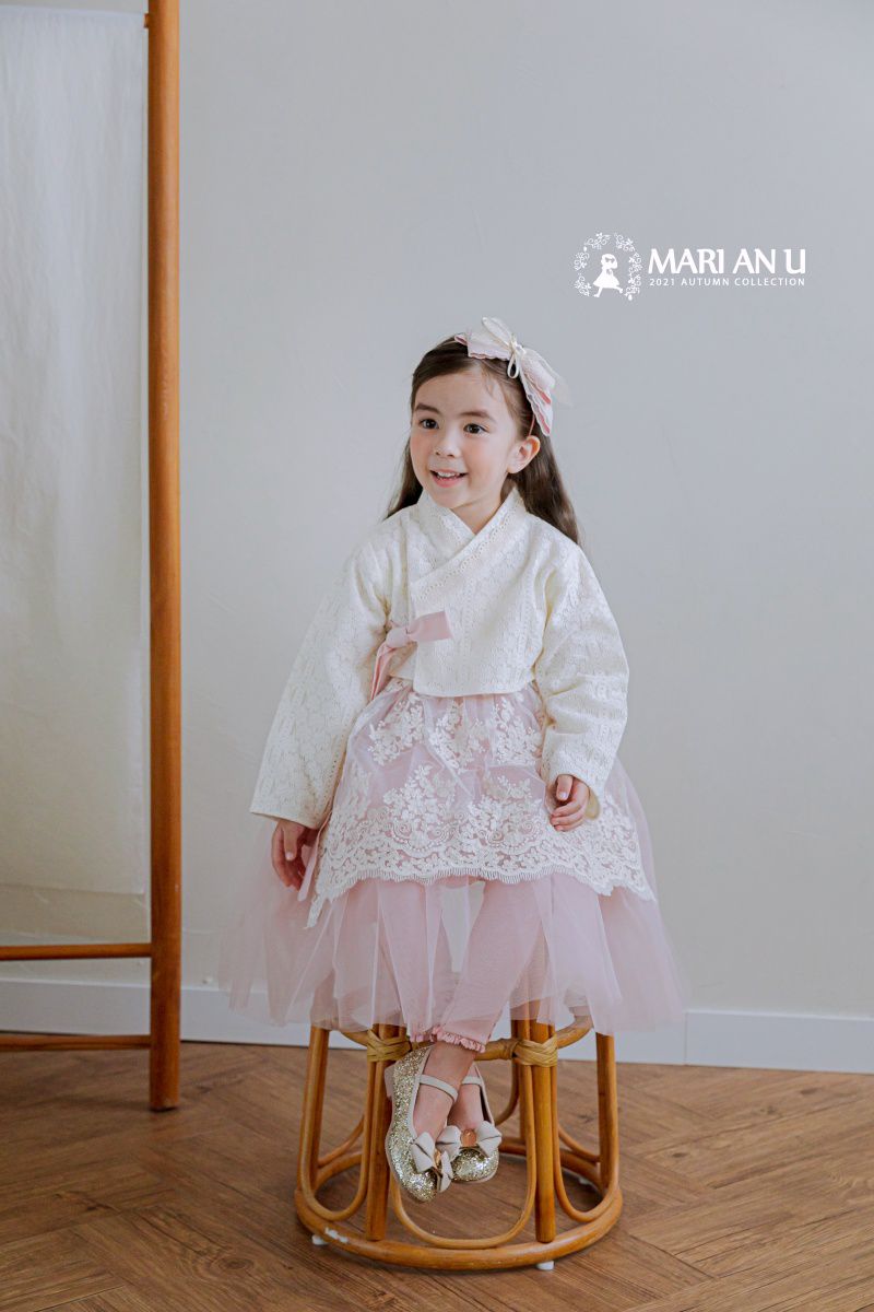 韓國 Mari an u - 透膚蕾絲裝飾網紗韓服-米白X粉紅