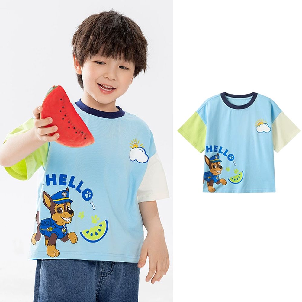 卡通汪汪隊撞色短袖上衣-卡通人物阿奇-淺藍