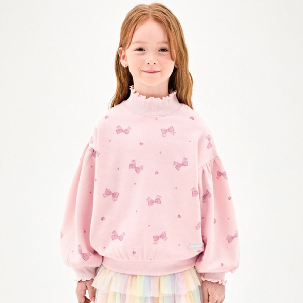 小蝴蝶結印內刷毛高領長袖大學T-粉