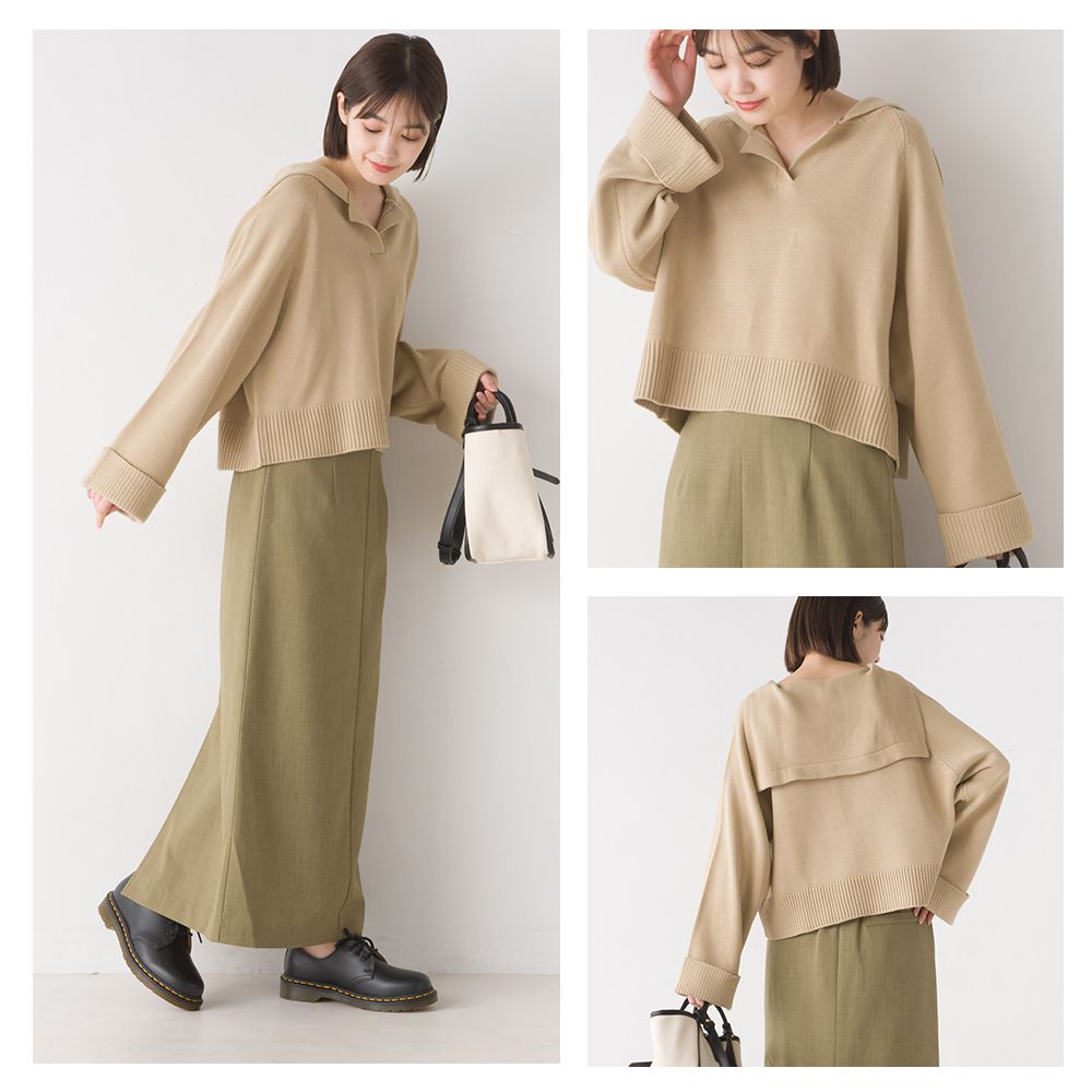 日本 OMNES - 質感水手翻領短版針織上衣-青草綠-2310