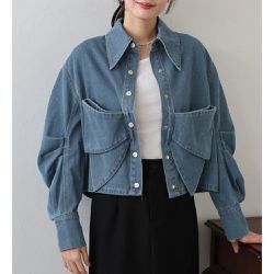 日本 BLUE EAST - 俏麗大蝴蝶結牛仔襯衫式外套-藍
