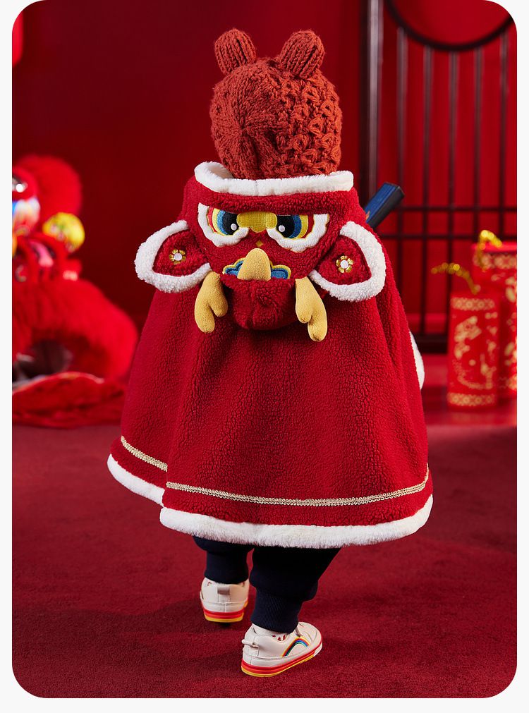 喜氣拜年毛絨暖暖造型披風-立體龍角-紅色 (F)