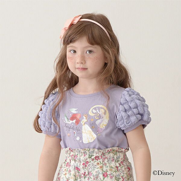 日本 Lycee mine - 迪士尼聯名 澎澎袖印花短袖上衣-人氣公主們-優雅藍