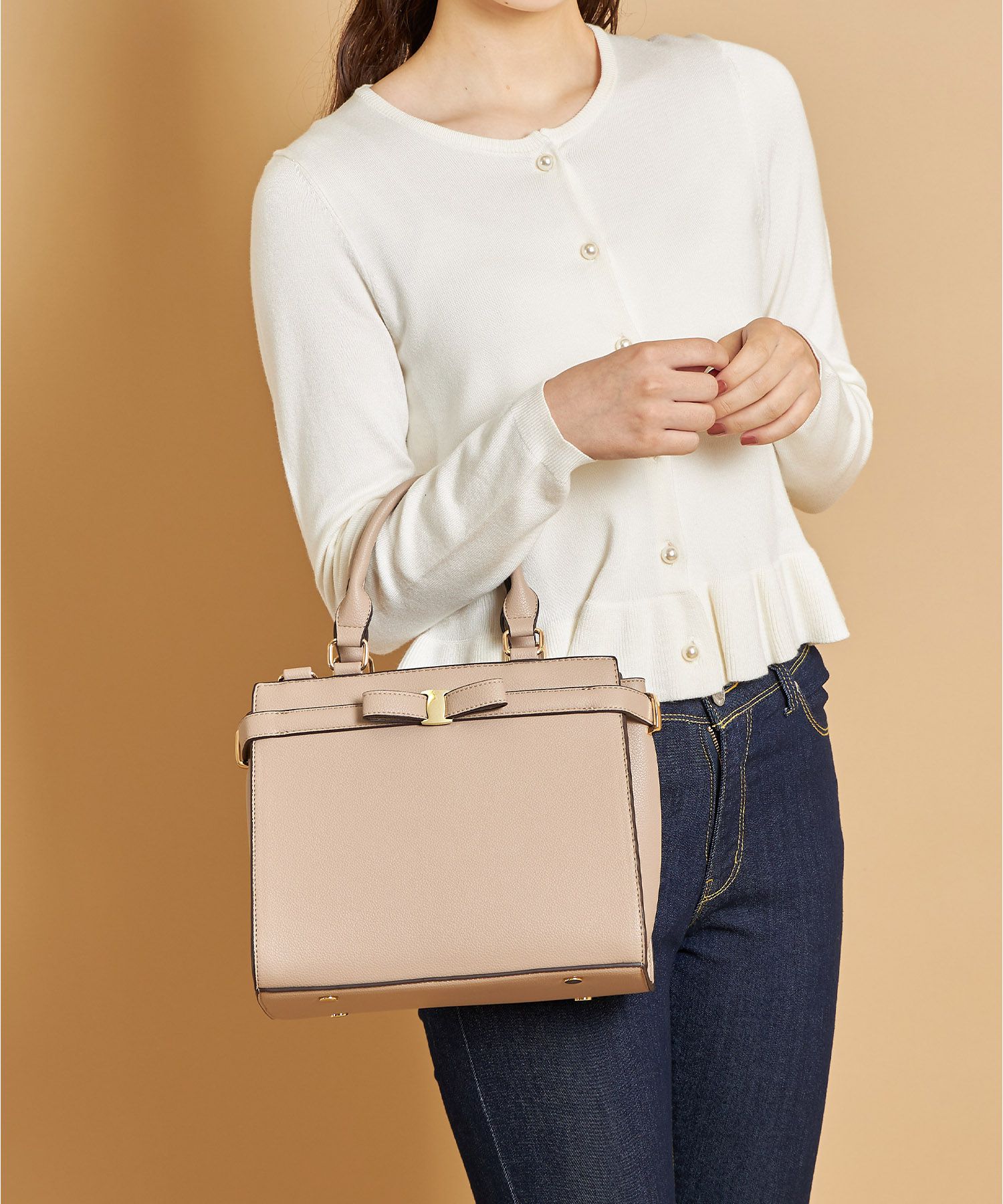 日本 tocco-closet - 蝴蝶結金釦手提包/側背包-氣質杏